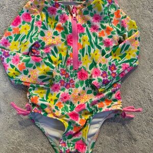 Cat & Jack Girls' Floral Long-Sleeve Rashguard Swimsuit - Pink, Yellow & Green